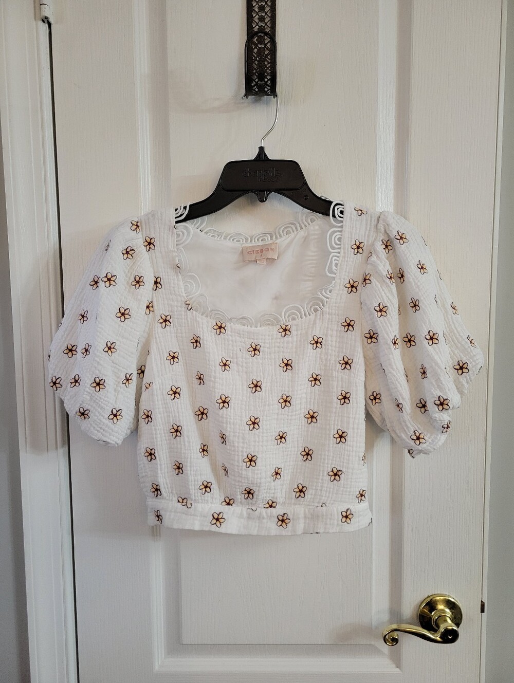 CIEBON White Embroidered Floral Puff Sleeve Crochet Crop Top Blouse Small